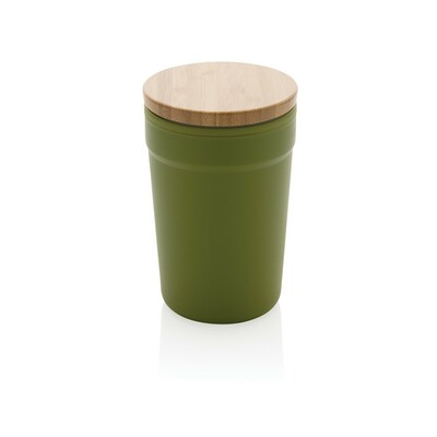 This beautiful tumbler with bamboo lid is made with GRS certified recycled PP. GRS certification ensures a completely certified supply chain of the recycled materials. The tumbler features a bamboo lid for on the go usage. Total recycled content: 52% base
