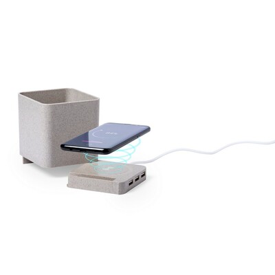 Chargeur sans fil de paille de blé 5W, concentrateur USB 2.0, porte-outil d'écriture, support de téléphone