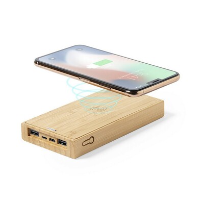 Wireless Powerbank aus Bambus 10000 mAh, Wireless Ladegerät 5W, Solarladegerät